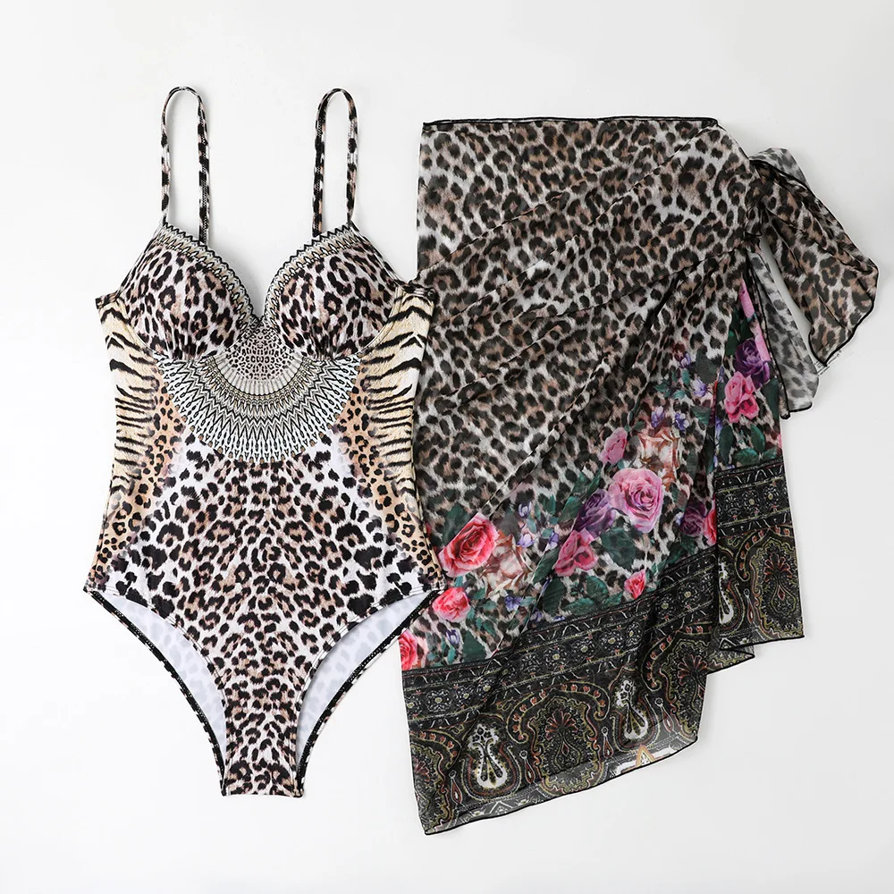 Women Desert Leopard Print Underwire Push Up One Piece Swimsuit with Mesh Long Skirt Cover Up Set Beach Vacation