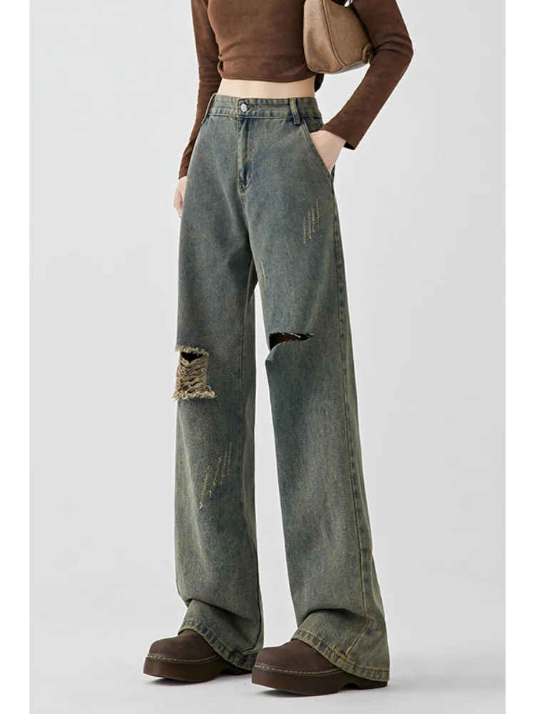

Ripped Waed Jeans Men Summer Thin Loose Straight Leg Wide Leg Pants American Retro High Street Trend Youth Wear Long Pants