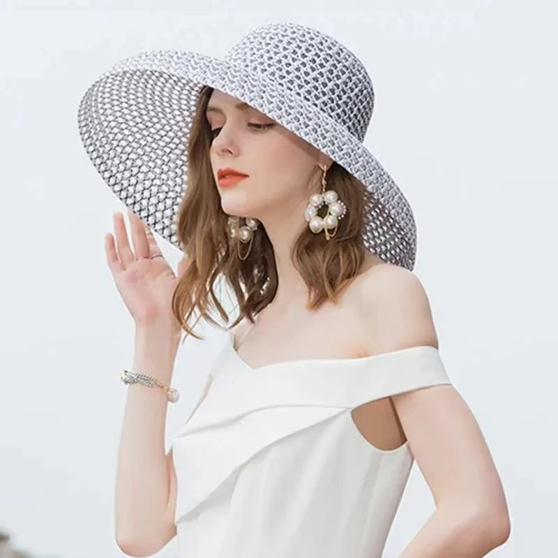 

NEW Retro Round Top Big Straw Hat Wholesale Ladies Sun Hats Travel Holiday Visor Hats Vintage Women Beach Hat Black And White