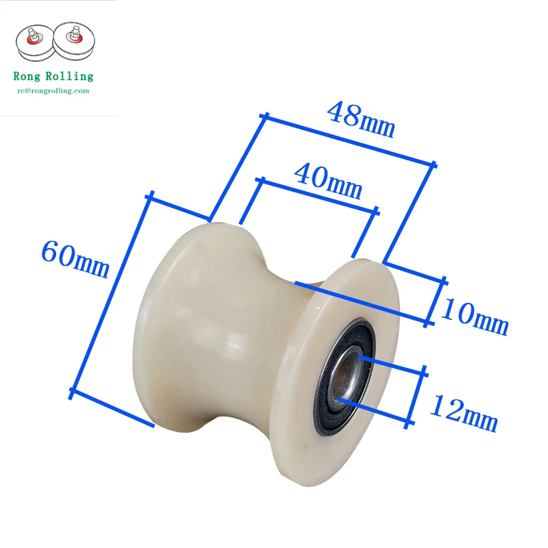 Sliding grooved nylon roller diameter 60mm,thickness 48mm,U-groove diameter 50mm,gate nylon wheel with double 6201RS bearings.