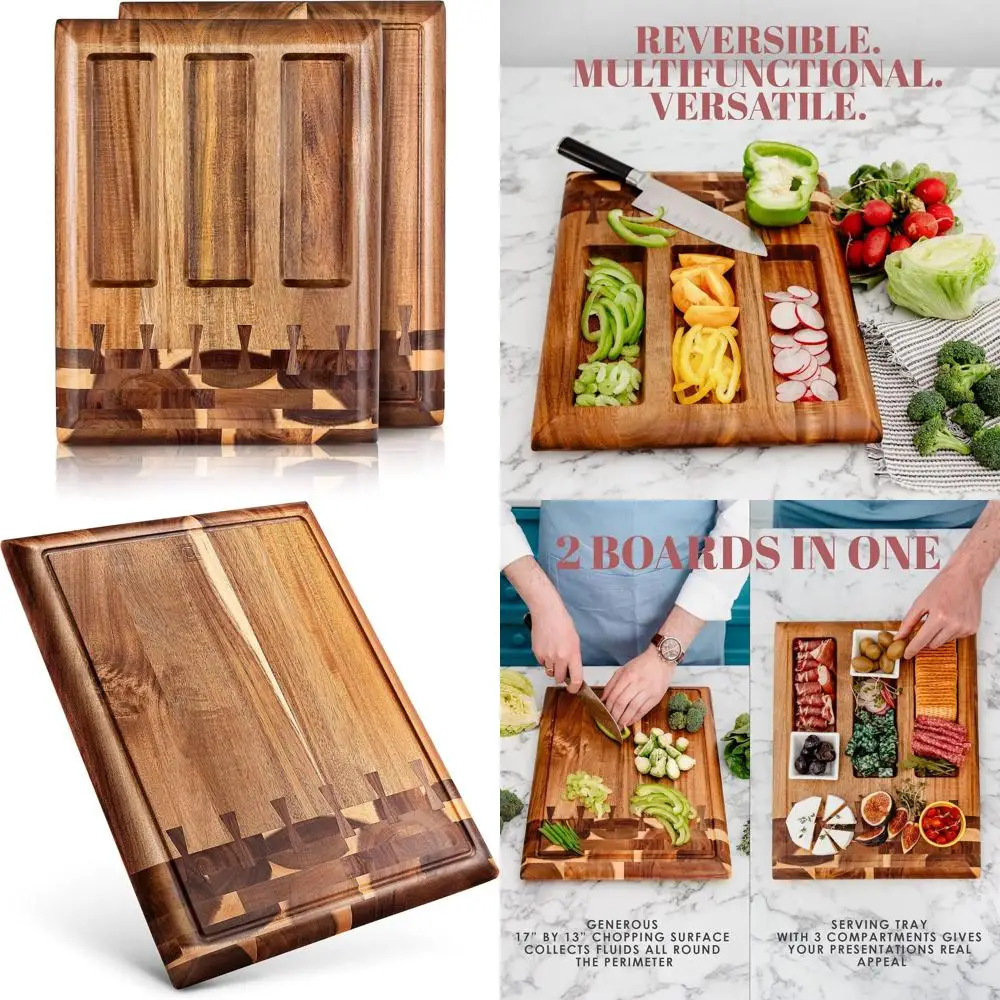 

Sustainable Acacia Wood Chopping Board - Large Kitchen Butcher Block with Juice Groove, 3-Compartment Serving, 17x13x1.5
