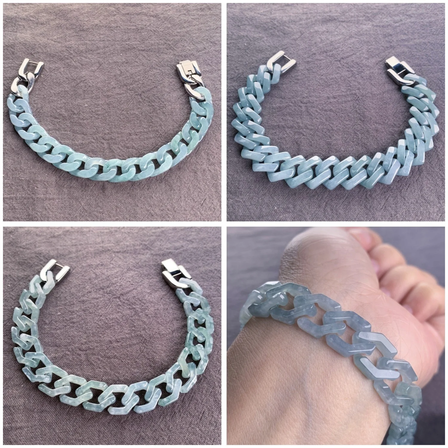 Interlocking Natural Grade A Blue Water Jadeite Bracelet Hollow Carved Vintage Style Linked Gemstone Bangle Women Charm