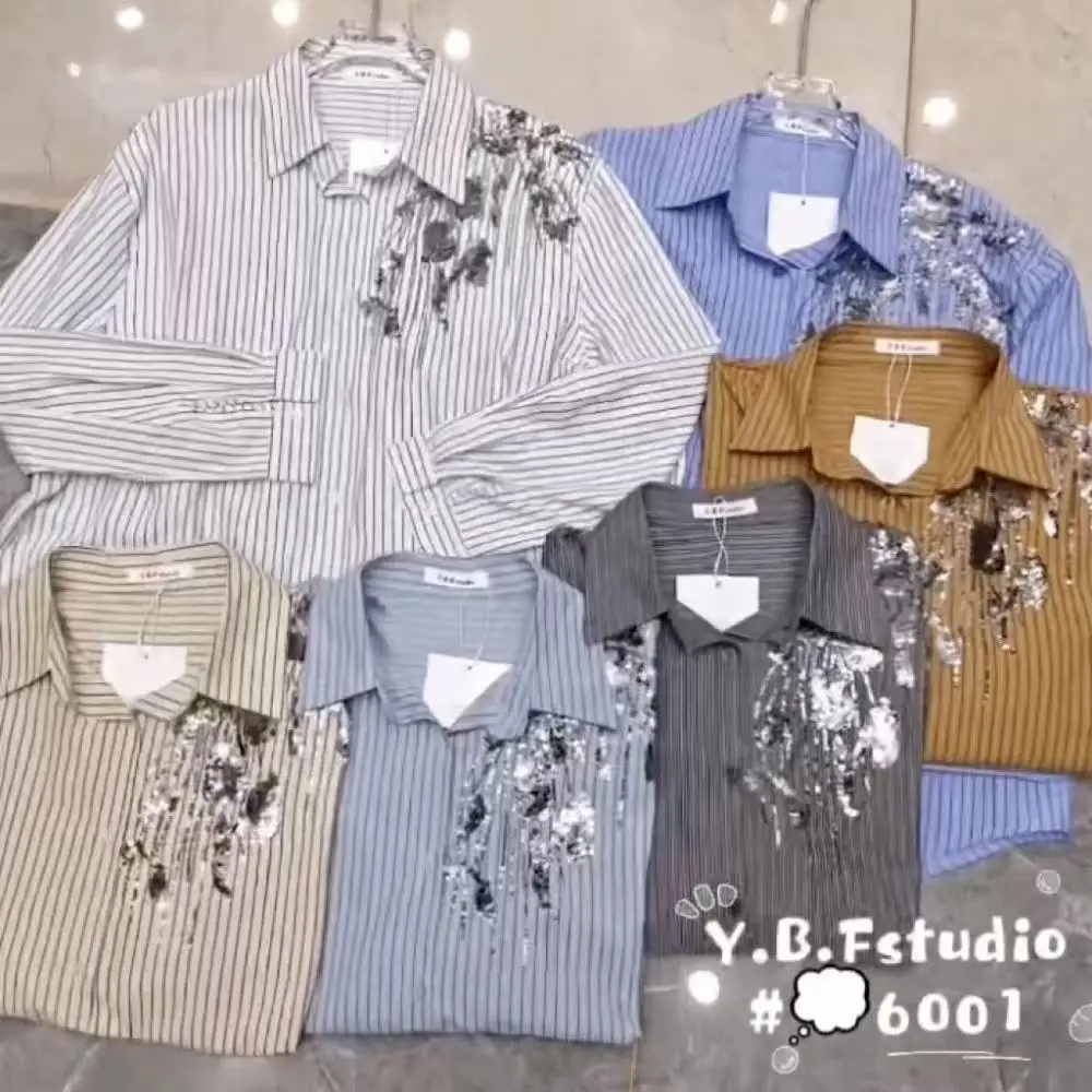 2025年秋新作 スパンコール刺繍シャツ 長袖ストライプブラウス レディース トレンド ルーズカジュアルトップス 女性服