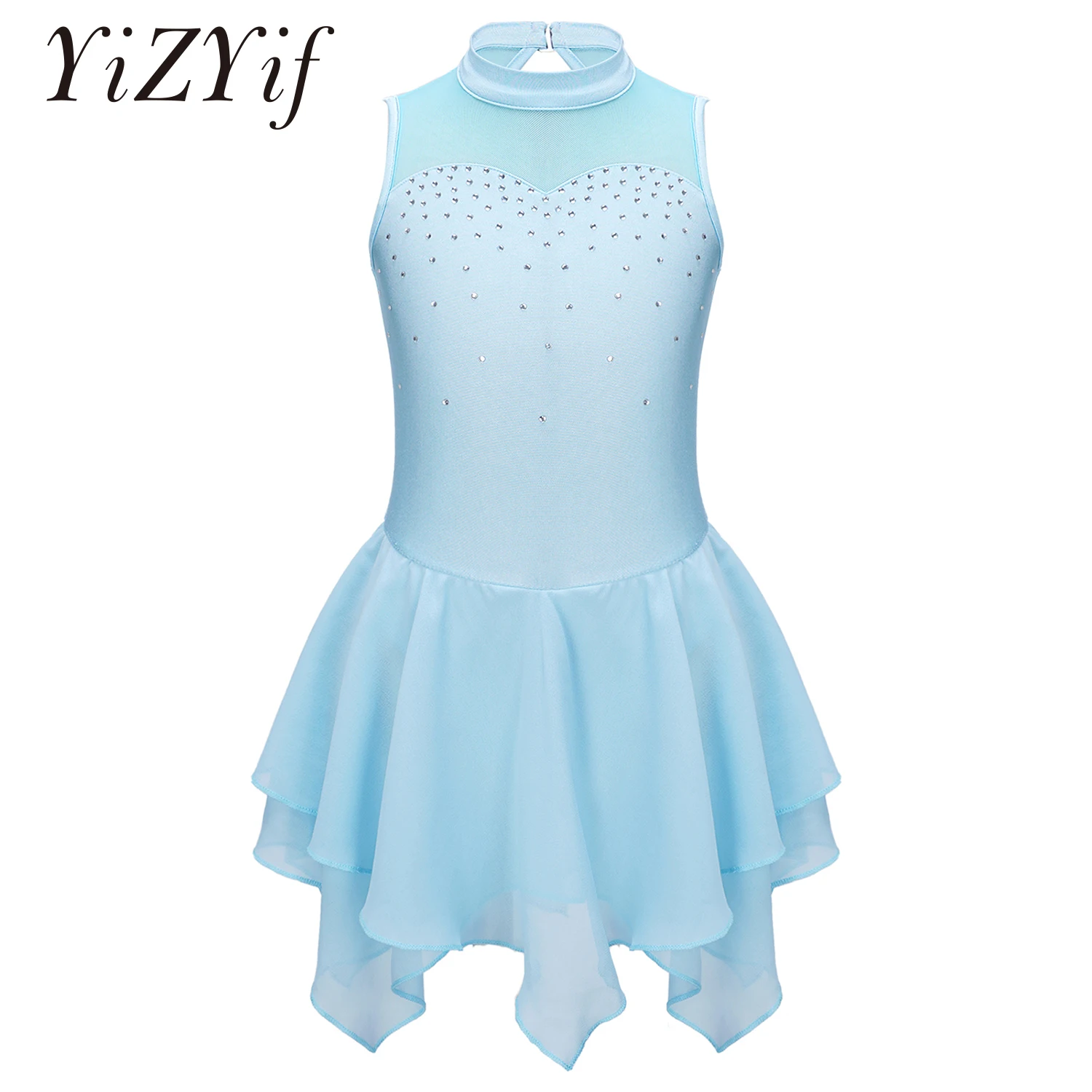 Girls Figure Skating Dress Kids Gymnastics Ballet Leotard Sleeveless Rhinestone Dance Dress Performance Competition Costume