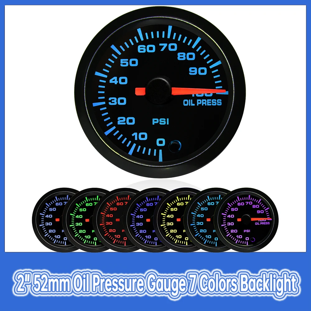 52MM Car Pointer Gauge 0-100 PSI Oil Pressure Gauge with Oil Pressure  Sensor 7 Colors Backlight for Car