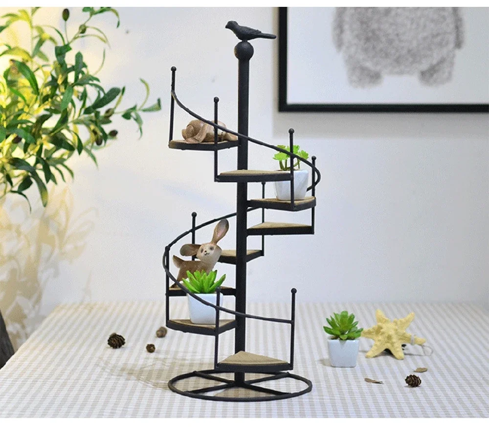 

Nordic Wrought Iron Retro Flower Stand Solid Wood Multi-layer Patio Plant Pot Shelf Living Room Stair Shape Floor Flower Holder