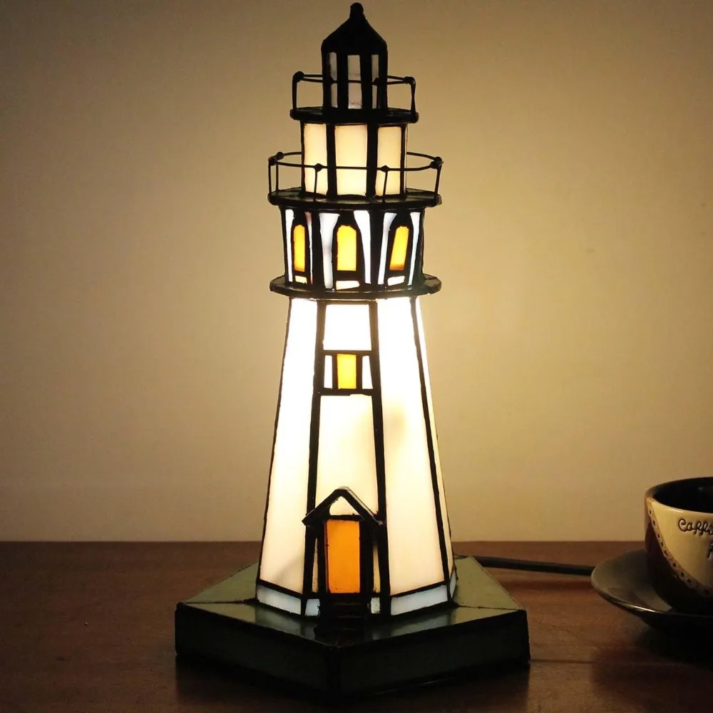

Tiffany Style Stained Glass Lighthouse Table Lamp 10 Inch Home Decor Accent Lighting
