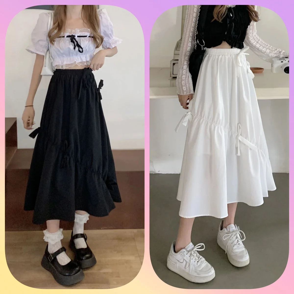 

Black and White Long Skirt Solid Lady Girl Casual Korean Style Women's Bow Elastic Waist Empire A-line Skirts Women Clothing