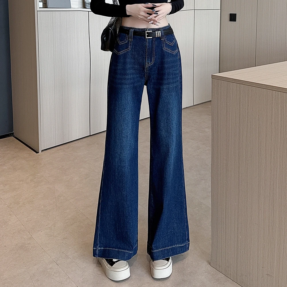 Real Shot Women's Blue‑Gray Denim Straight Wide‑Leg Pants, American Casual Autumn & Winter, Petite‑Friendly Versatile Jeans
