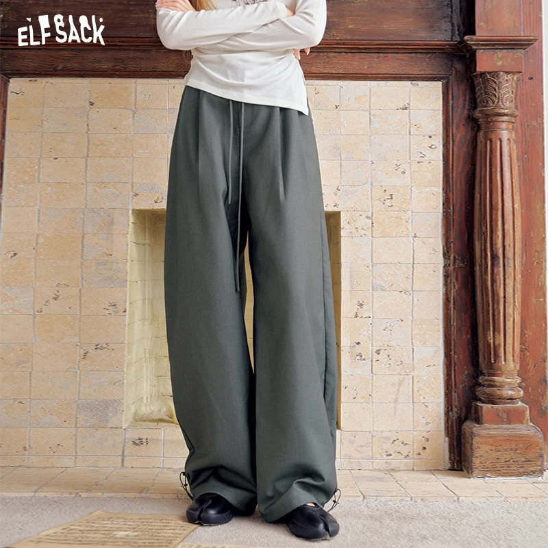 ELFSACK Women Wide Leg Trousers with Drawstring Waist, Loose Baggy Casual Pants for Daily Wear