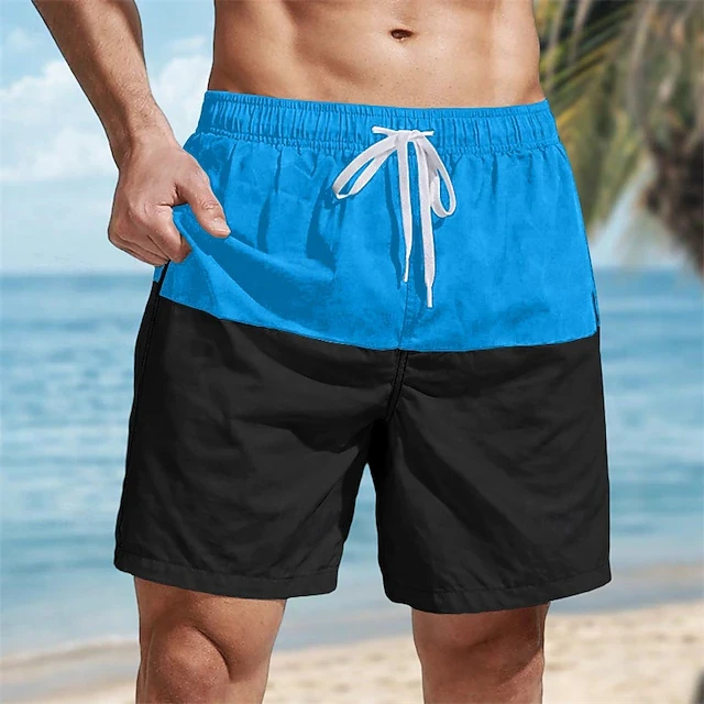 Casual Color Block Shorts Men Elastic Drawstring Waist Quick Dry Beach Trunks New Summer Holiday Shorts For Seaside Travel Daily