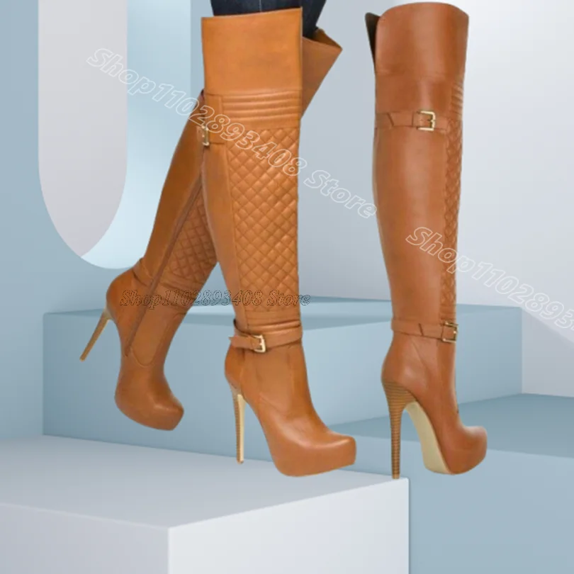 

Коричневые ботинки на платформе с декором и пряжкой, весенние женские модельные сапоги до колена с круглым носком на шпильке в британском стиле, вечерние сапоги до колена, 2025 Zapatos Para Mujere