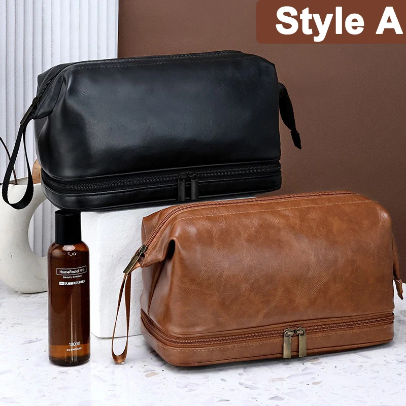 Men PU Leather Wash Bag Travel Business Trips Portable Cosmetic Bag Large Capacity Multi Pocket Design Handheld Leather Wash Bag