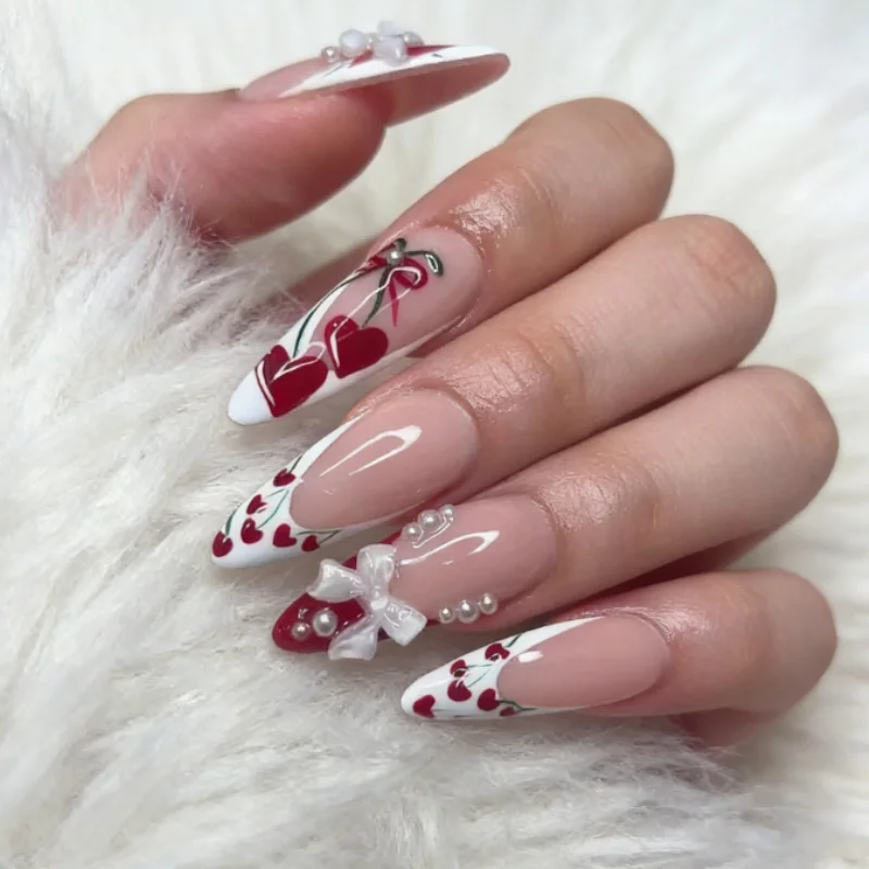 24PCS Almond Nude White French Press on Nails Red Cherry Heart Bow Pearl Decor False Nails Sweet Cute Style Reusable Manicure 네일