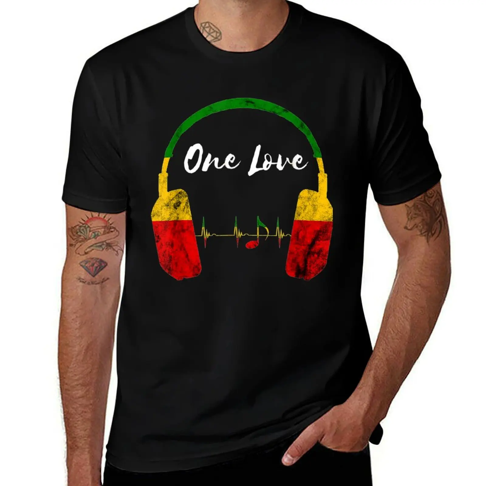 Rasta Reggae Music Headphones Jamaican Pride One Love T-Shirt Basic Casual Wear Short Sleeve Top