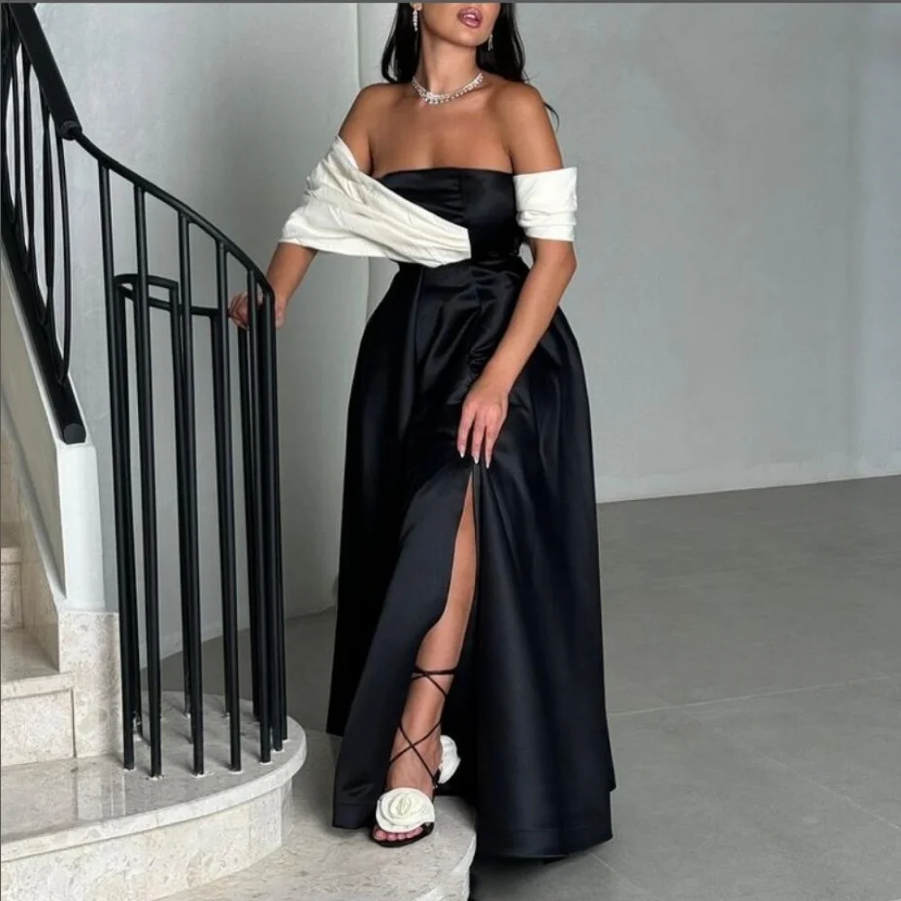 

Customized A-line Off-the-shoulder Draped Prom Gowns Contrast Color Satin Pleat Evening Dresses Side Slit Backless Party Dress