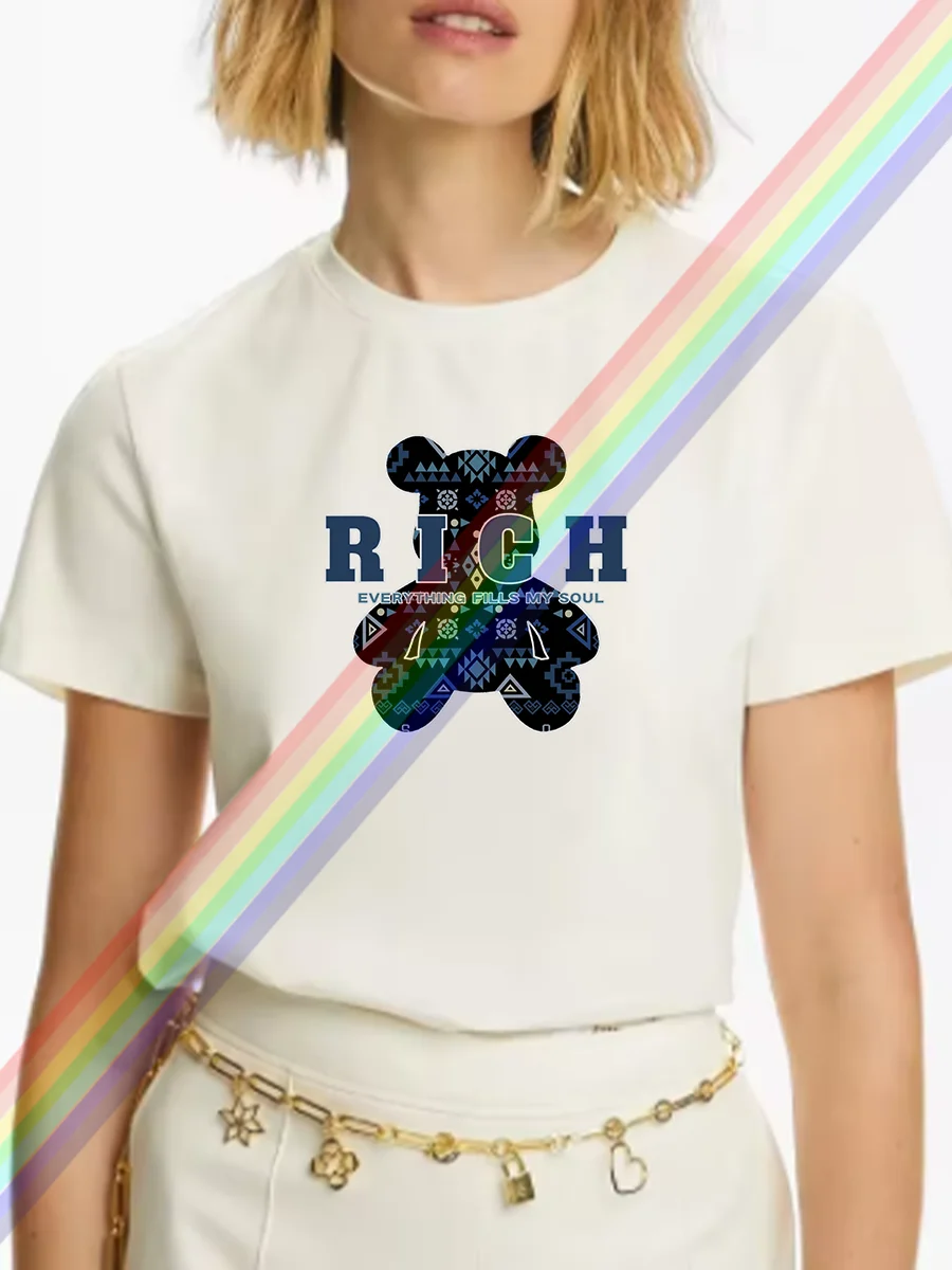 2024 Letters RICH Bear Print Women's Fashion T-shirt Short sleeve Summer 90s makeup Cute Top Basic T-shirt Graphic T-shirt