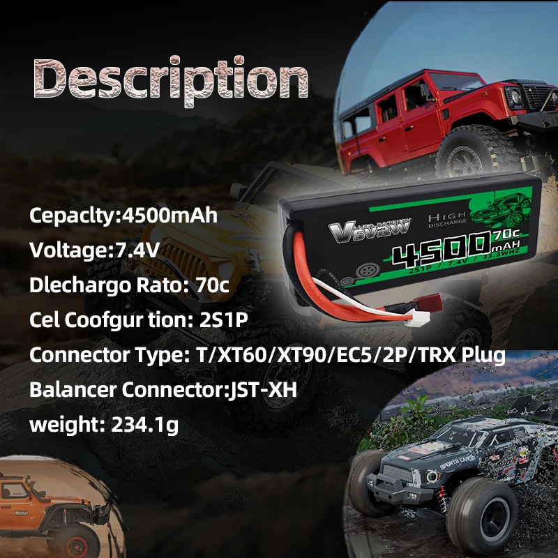 2 pezzi VSVAW Lipo 2S 7.4V batteria 4500mAh 70C custodia rigida batteria Lipo serie da corsa con spina EC5 per RC auto barca rally camion Buggy