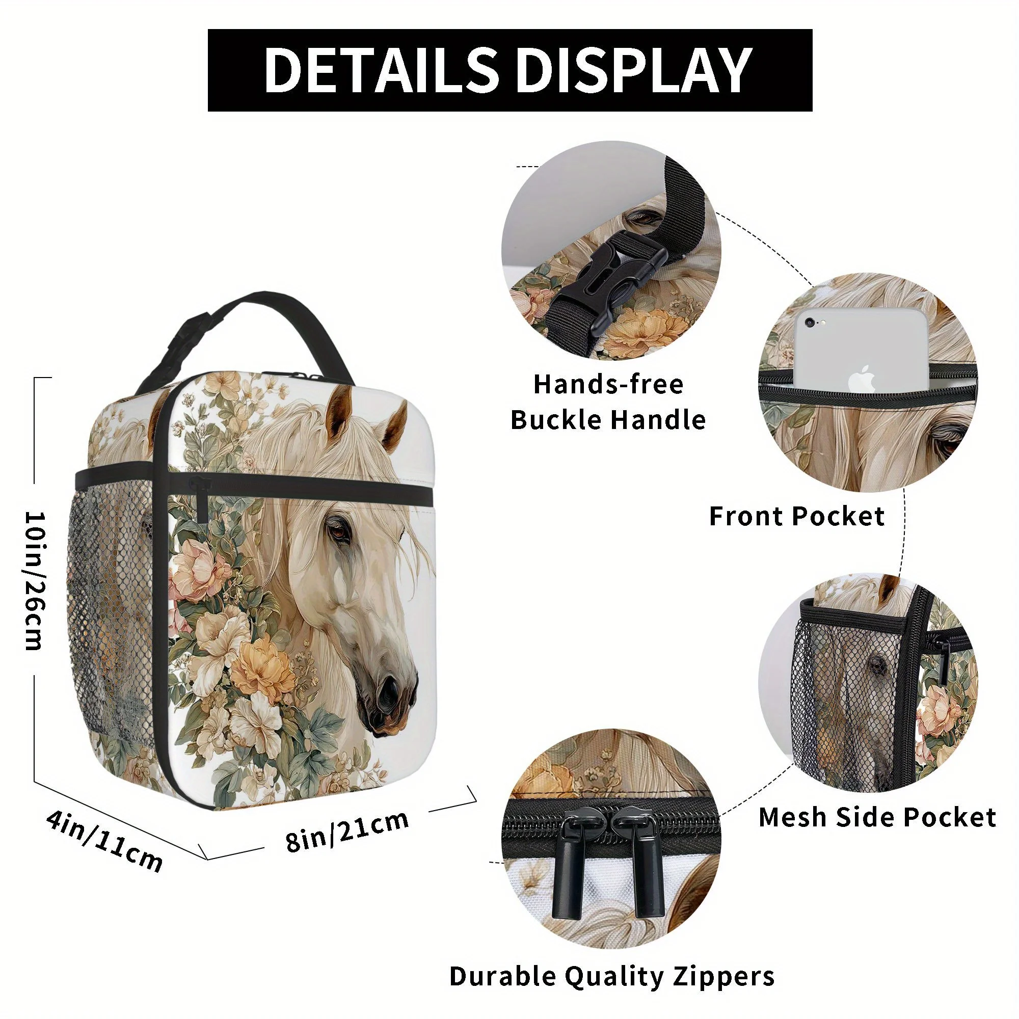 1pc a Thermal Bag Featuring a Horse Adorned with a Floral Wreath, Designed for Insulation. It Is Not Intended for Direct Food Co