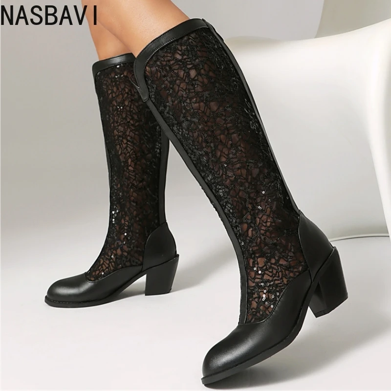 

Mesh Knee High Boots Women Fashion Black White Mesh Western Summer Boots Long Breathable Medium Heels Footwear Shoes Big Size