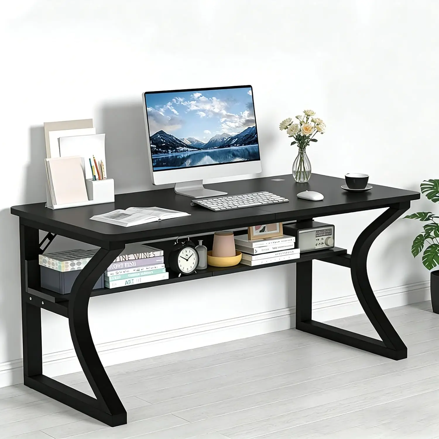 55 Inch Computer Desk w/Storage Shelves & U Metal Frame, Study Writing Desk w/Cable Management, Deep Thick Desktop for Home Offi