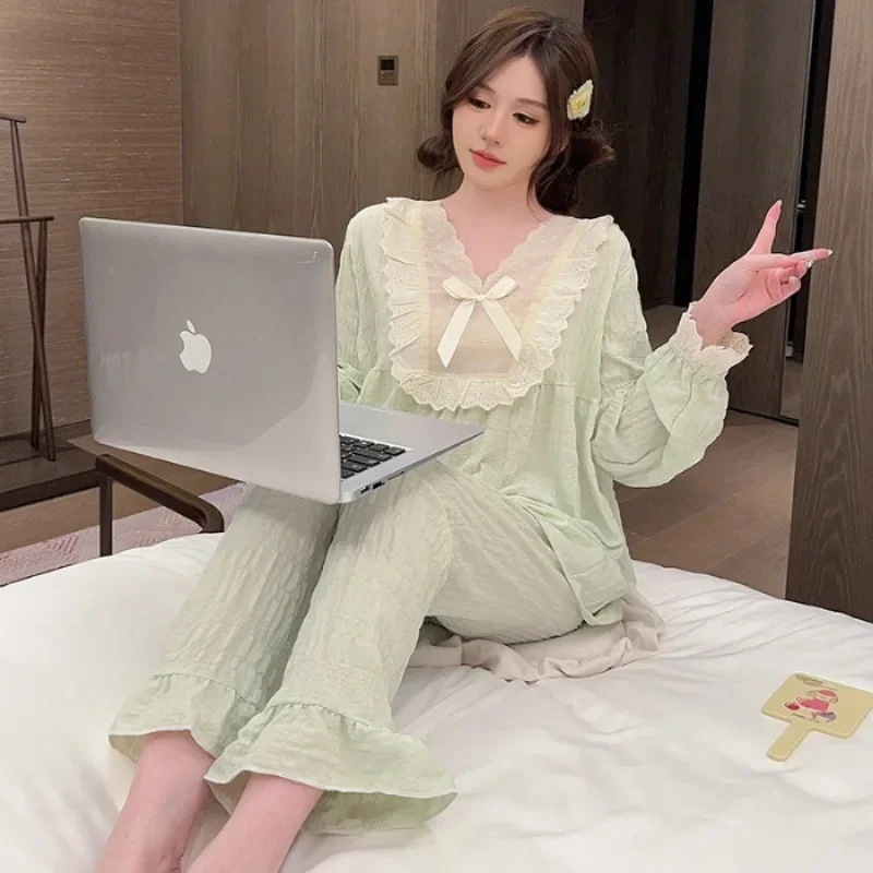 5XL 110kg Plus Size Korean Sweet Loungewear Ins Loose Pajamas set Women\'s Autumn Princess Style Long Sleeves Shirt snd Trousers