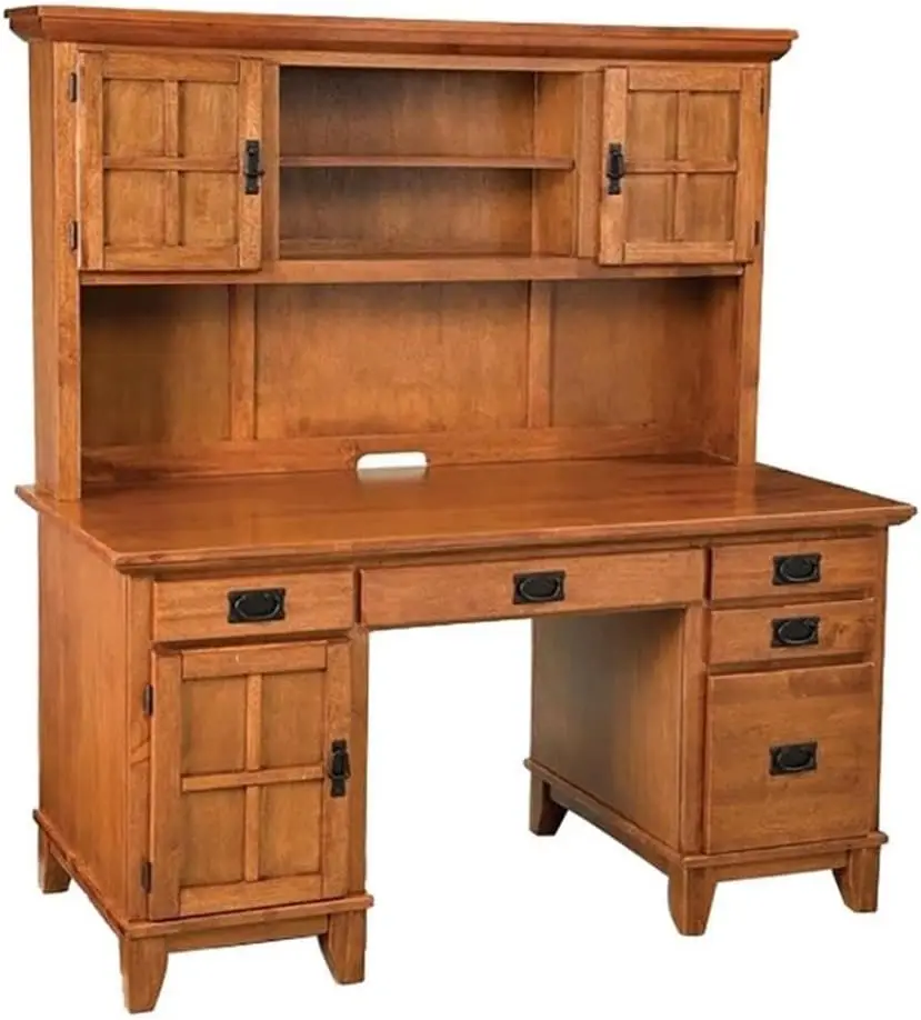 Desk and Hutch Style Wood Pedestal Desk with Hutch in Cottage Oak desk table office desk office furniture