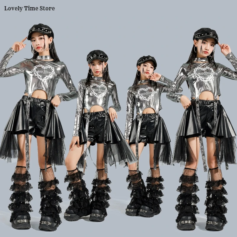 Girls K-pop Silver Shiny Crop Top Street Dance Ribbon Skirt Kids Hip Hop Jazz Clothes Set Children Streetwear Girl Group Costume