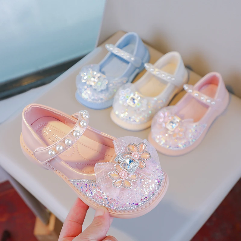 

Spring and Autumn Fashion Princess Pearl Elegant Casual Shoes Hot Selling Lightweight Children's Comfortable Bow Soft Flat Shoes