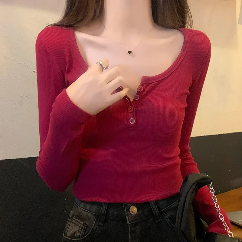 Autumn Women Maillard Style Half Placket Collar Slim Fit Ribbed Button Long Sleeve T-Shirt Spicy Girl Inner Layering Basic Tops