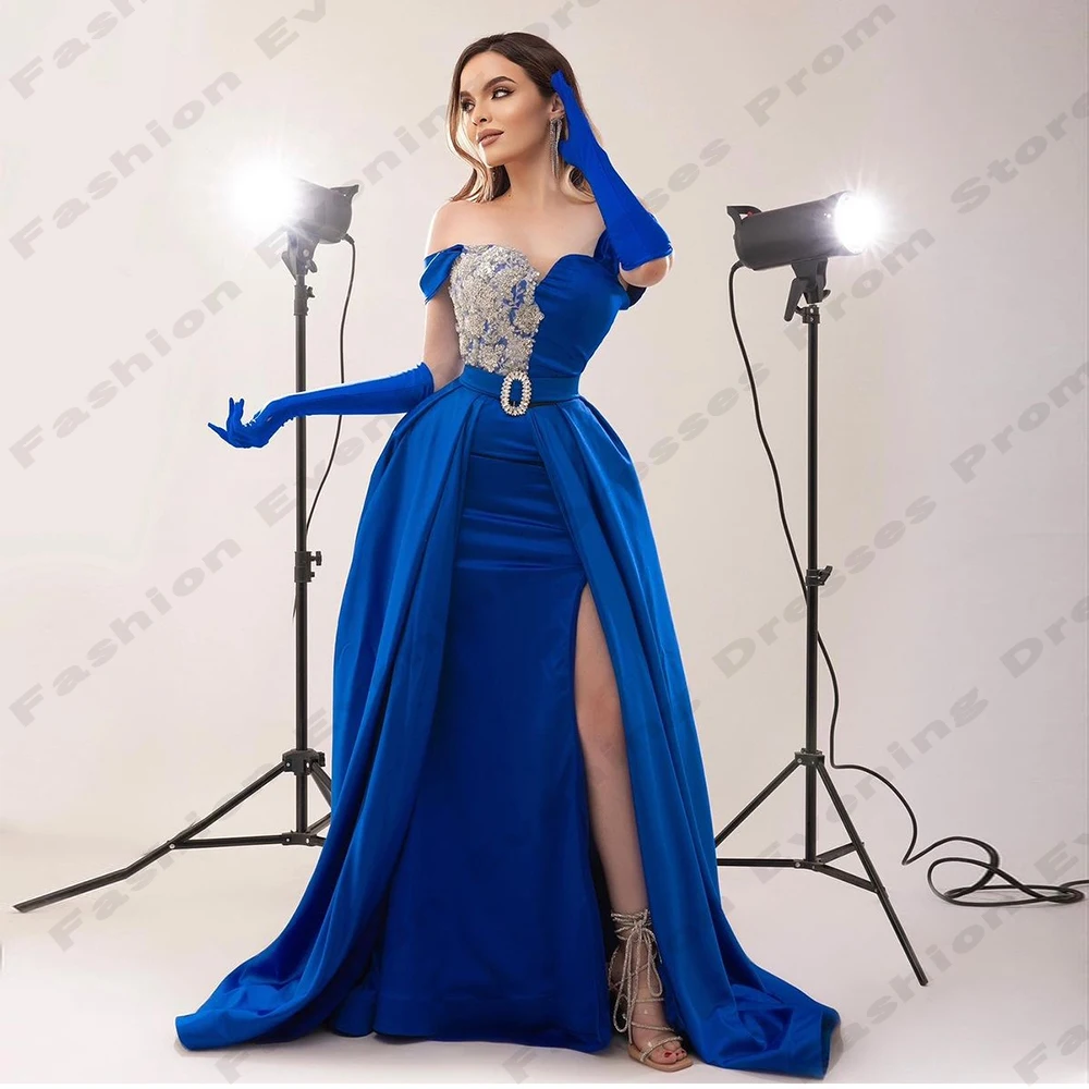 Elegant New Evening Dresses Sexy Mermaid Off The Shoulder Sleeveless High Slit Fluffy Princess Style Party Prom Gowns For Women