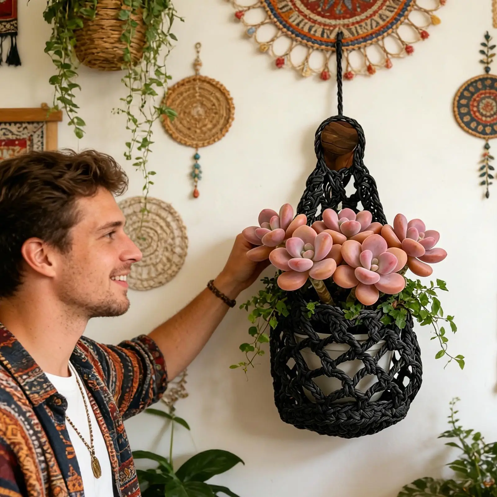 Boho Macrame Hand woven Cotton Rope Plant Hanger Set Wall mounted plant rack with hooks Space Saving Storage Indoor Flower Hange