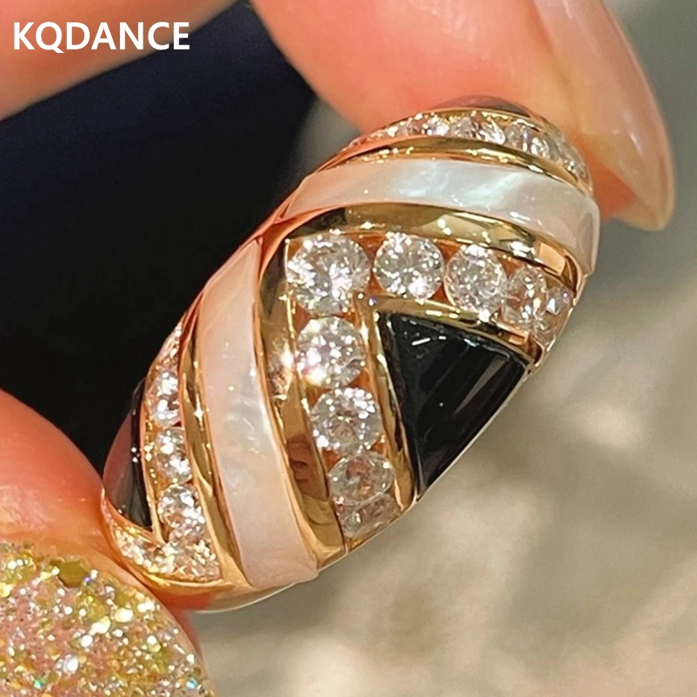 

KQDANCE Vinatge 925 Silver Zircon Carobon Diamond Black Agate Mother of Pearl Ring Gold Plated Retro Ring Fine Jewelry Women
