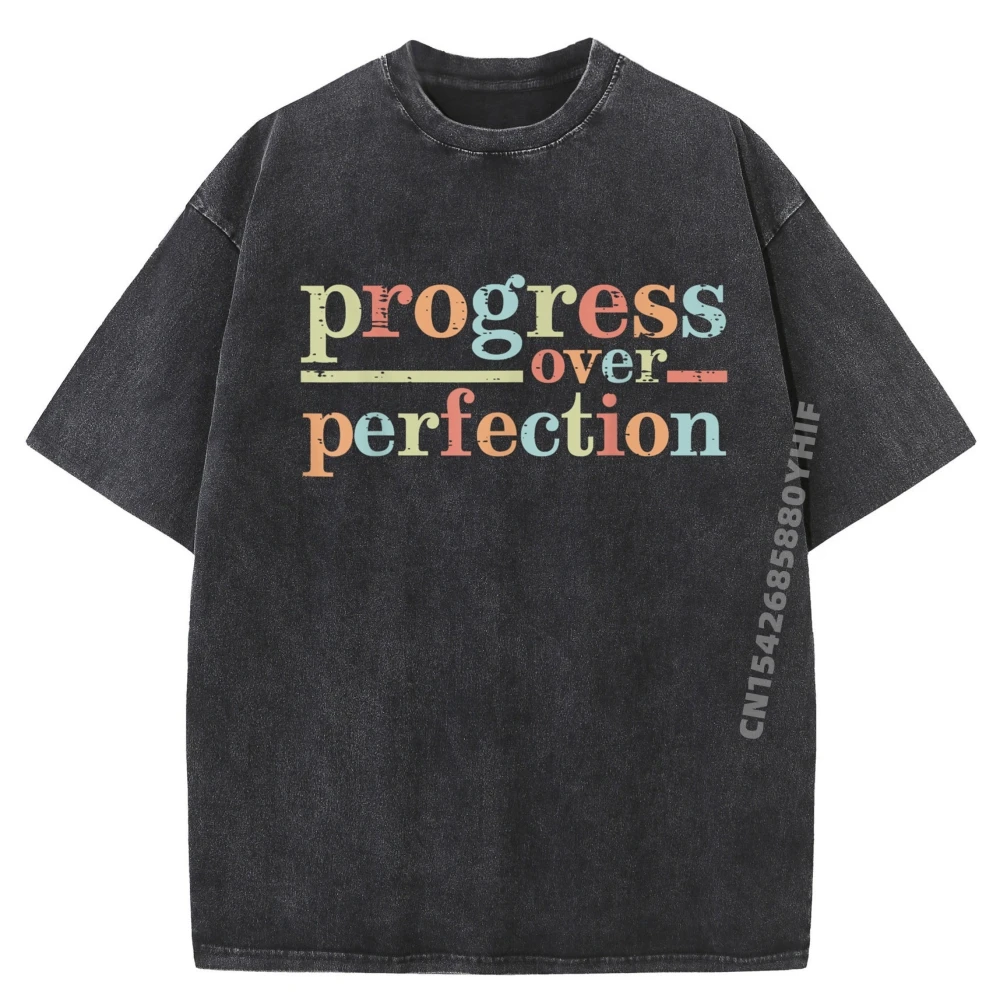 

Progress Over Perfection Teacher Inspirational Men Clothing Graphic Tees Mens Comfortable Washed Shirt HOLIDAYS