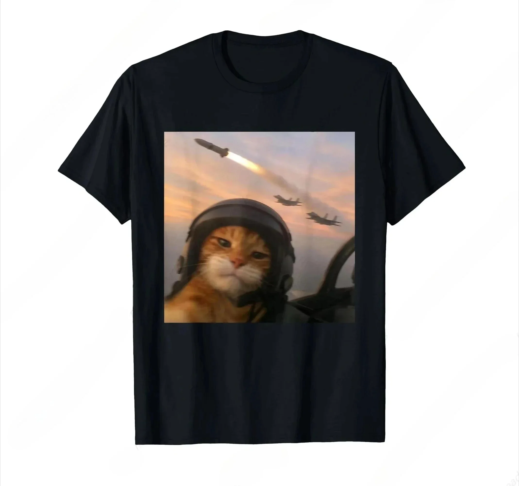 Summer Fun Battle Pilot Cat Face Meme Printed T-shirt, Fashionable and Unique Street Trend Men's Short-sleeved T-shirt Y2k.