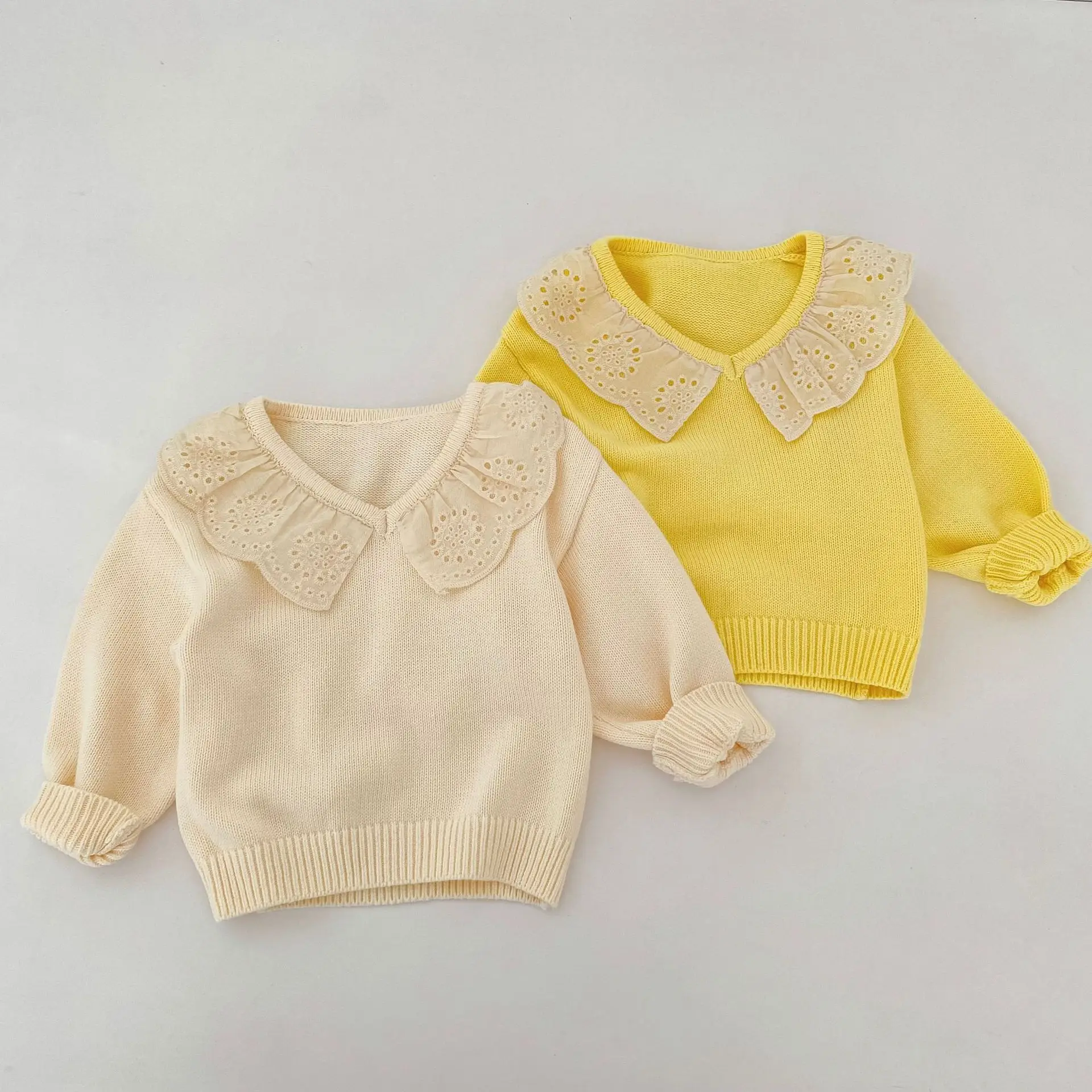 Girls' Sweater 2026 Spring and Autumn New Children's Clothing Korean Style Girl Baby V-shaped Lace Lotus Leaf Lapel Knit Sweater