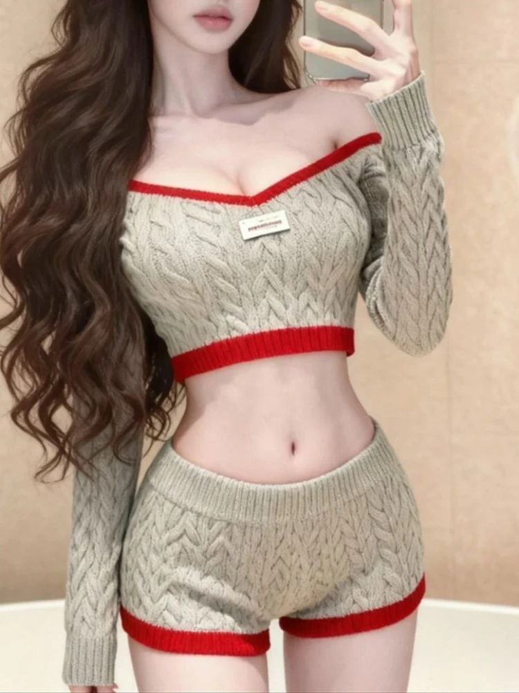 

Корейский сексуальный сладкий модный вязаный комплект из 2 предметов, женский шикарный винтажный свитер + мини-брюки, японский ретро-повседневный уличный наряд