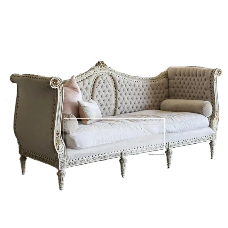 

* High Quality Living Room Solid Wood Sofa French Louis XV Retro Distressed Three Seat Fabric Sofa