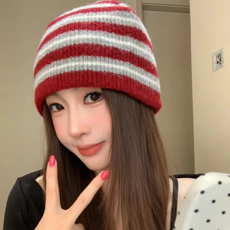 Women Stripe Knitted Beanie Cap Korean Style Autumn Winter Color Block Soft Knitted Cold Hat Casual Windproof Warm Pullover Cap