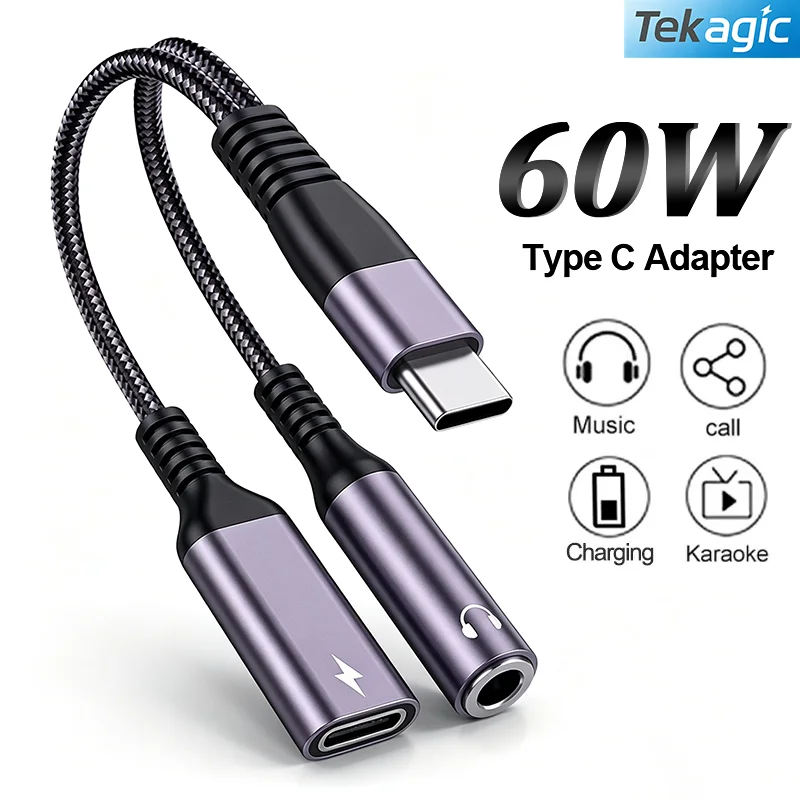 USB C to 3.5mm Headphone and Charger Splitter 2 IN 1 Type C to 3.5MM Jack Audio Adapter PD 60W Fast Charging For iPhone Samsung