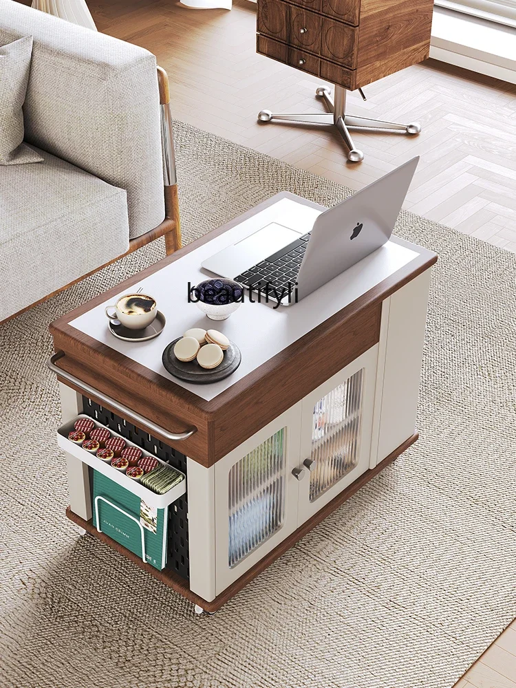 

C Movable Small Coffee Table Modern Simple Sofa Side Table Trolley with Wheels Small Apartment Living Room Adjustable Folding