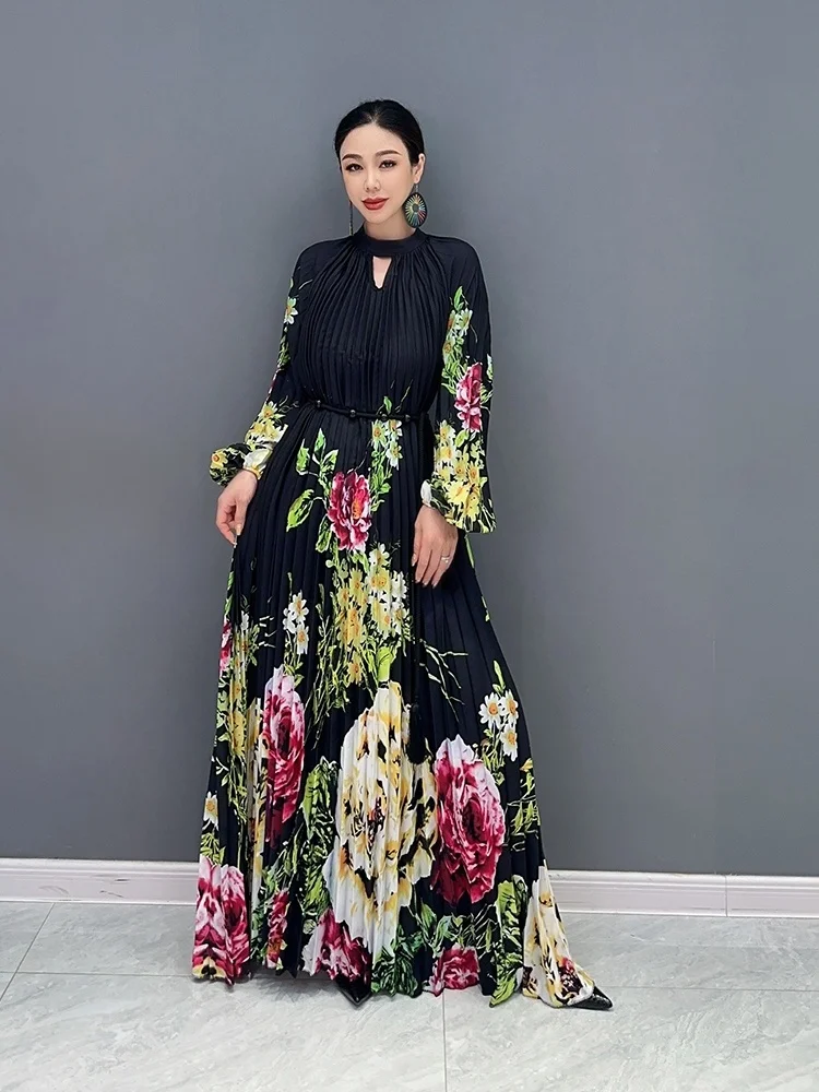 2024 Spring Summer Casual Light Luxury Wind Pressure Pleated Waist Long Dress Fashion Printed Small Flower Personalized ZY1923