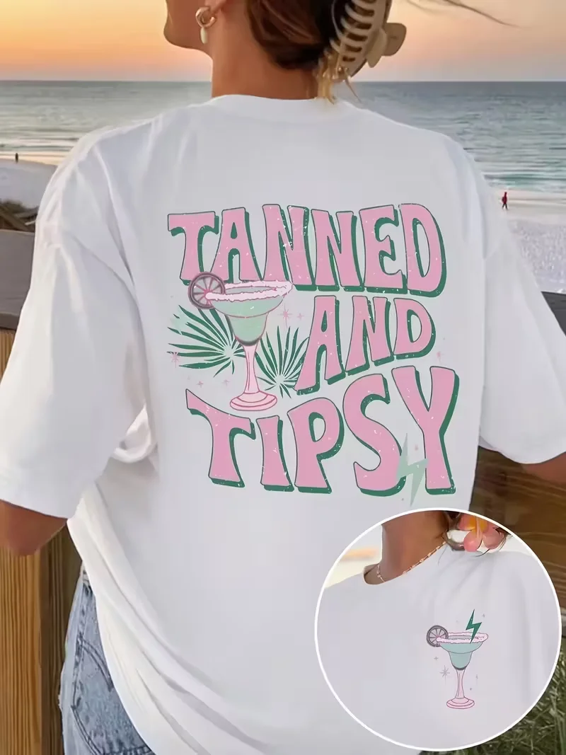 Tanned And Tipsy Cocktail Print T-Shirt Women's T-shirt, Front & Back Design Crew Neck Short Sleeve, Summer Beach Party Tee ﻿