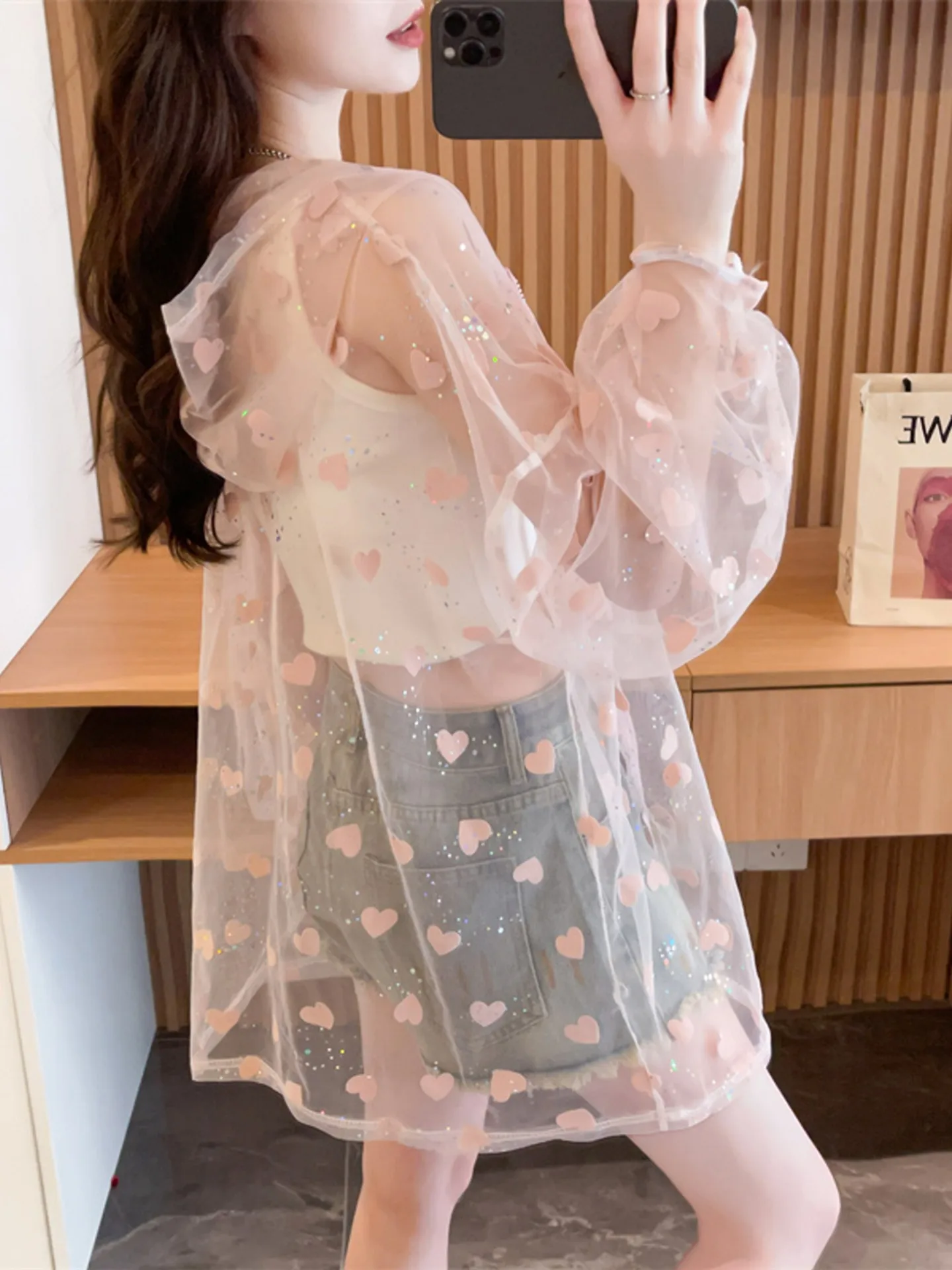 

Sweet Heart Hat Mesh Sun Protection Outerwear Women's Summer Thin Loose Air Conditioned Top Open Cardigan Breathable Lantern ...