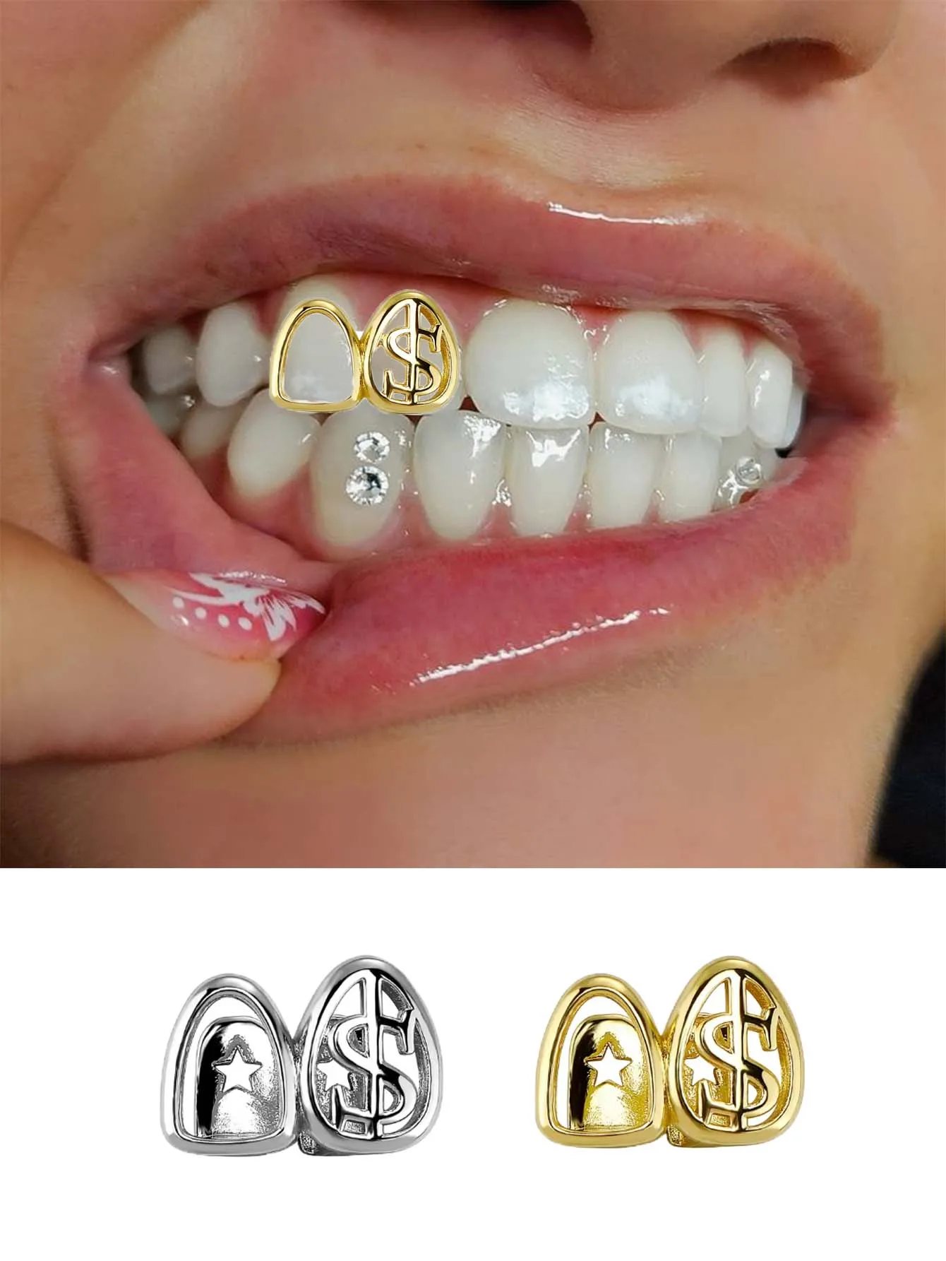 1Pcs Hollow Dollar Sign Double-Spaced Teeth Is a Cool And Shiny Hip-Hop Accessory Suitable For Both Men And Women.