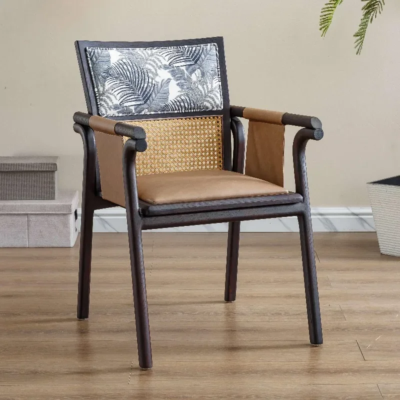 Solid wood back chair, simple armrest dining chair, casual Nordic study chair, wabi-sabi wind home medieval solid wood chair