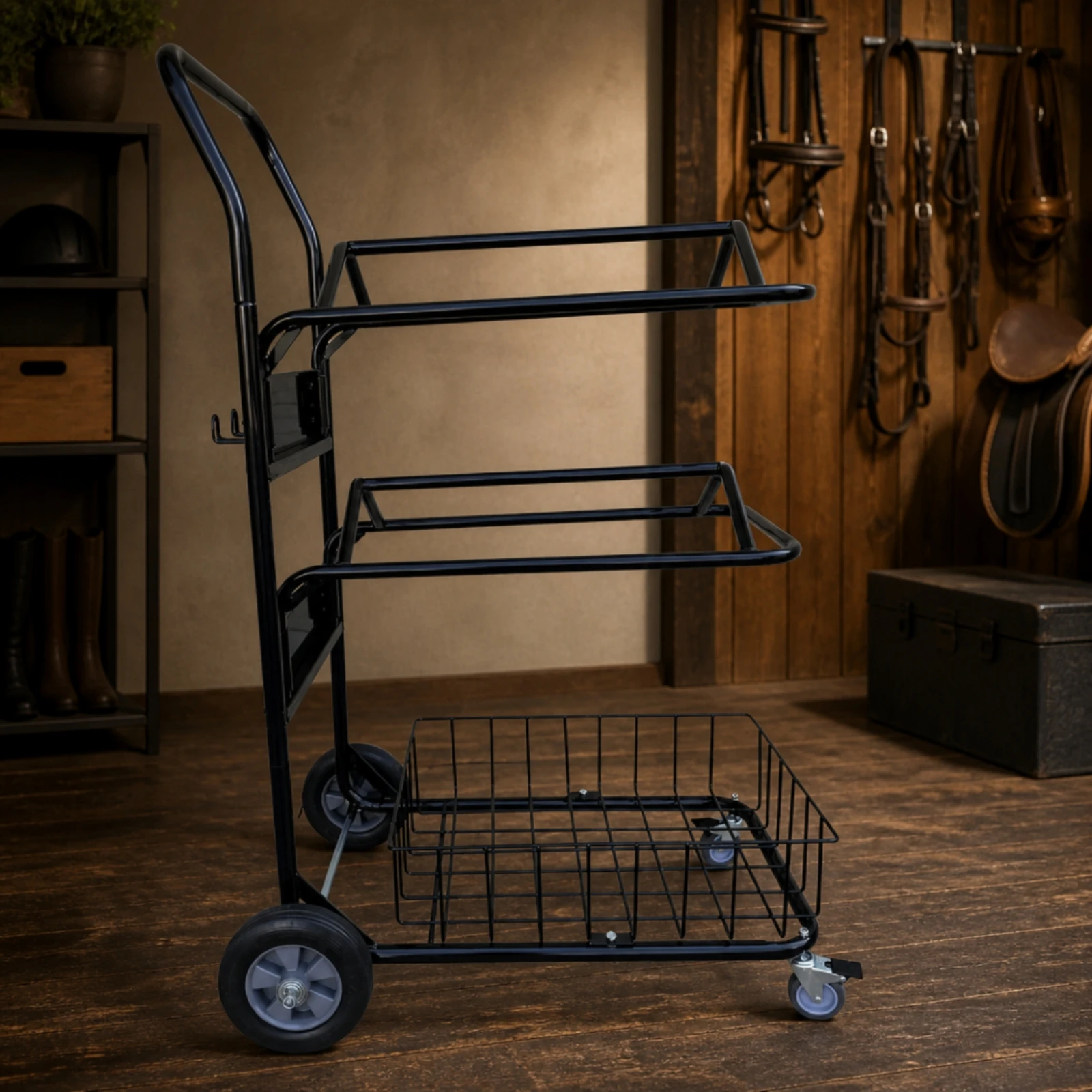 Saddle Rack Hand Cart Rustproof Rolling Saddle Rack with Wire Basket Rolling Tack Cart with Caster Wheels Heavy Duty Portable