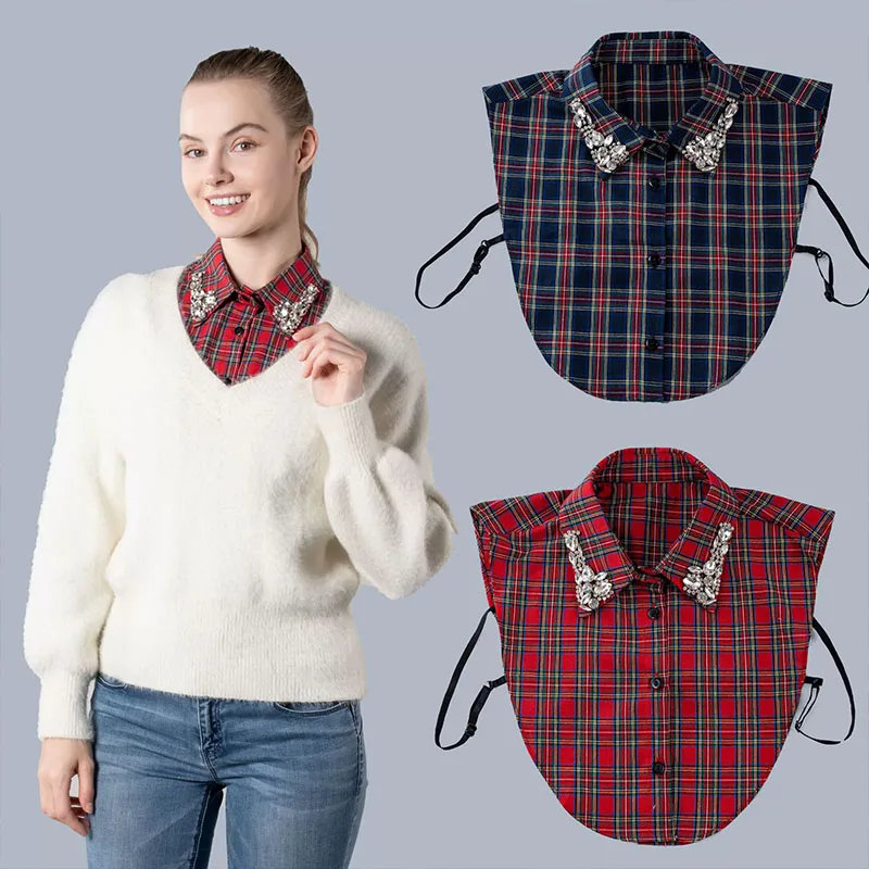 

New Plaid Diamond Fake Collar Shirt Women White Fake False Collar Woman Ladies Detachable Collar Black Removable Nep Kraagie