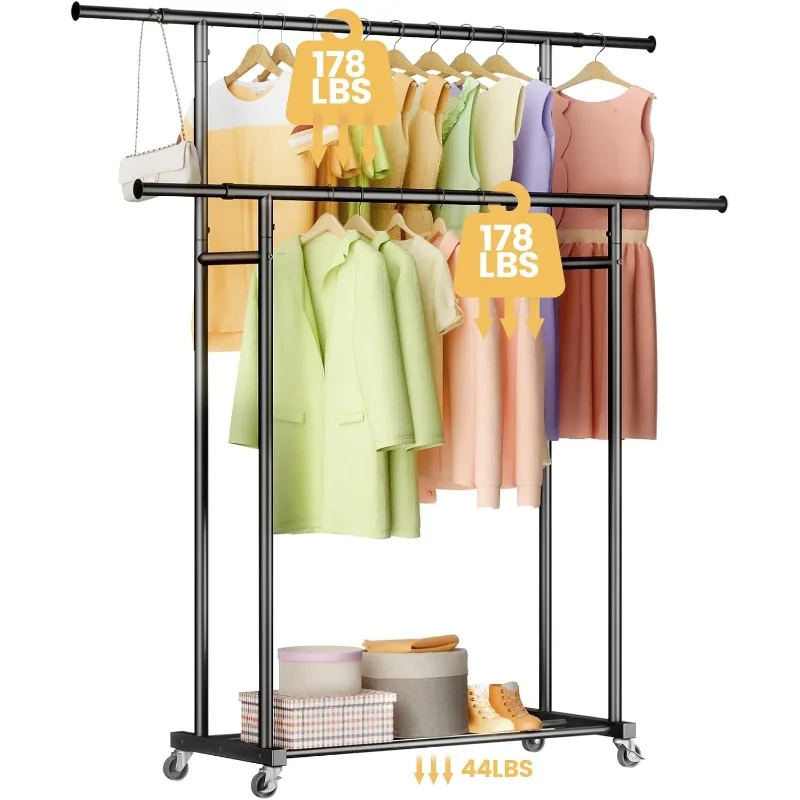 

Rolling Clothes Rack Heavy Duty Load 400LBS, Double Rod Clothing Rack for Hanging Clothes, Commercial Garment Rack on Wheels