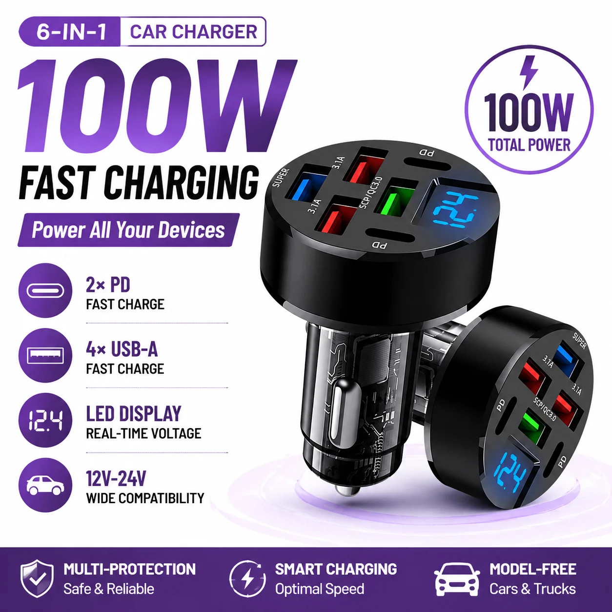 6-in-1 Car Charger PD QC3.0 USB 100W 6Ports Phone Charger Fast Charging Adapter Digital Display For IPhone Auto Accessories